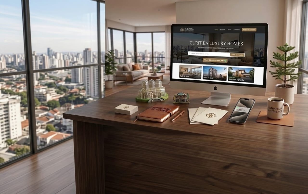 Site de imobiliária mostrado num monitor, com vista da cidade